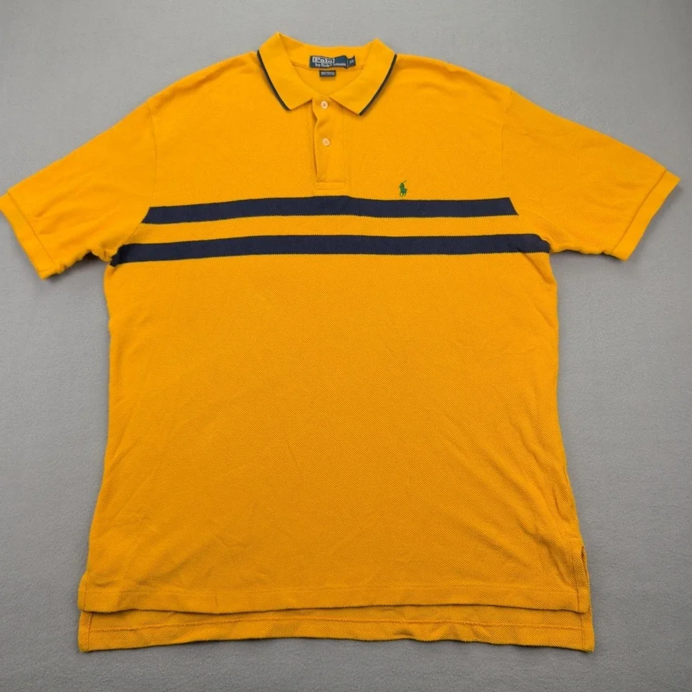Polo Ralph Lauren Polo Shirt Mens XL Yellow Navy Stripe‎ Green Pony Pique Knit